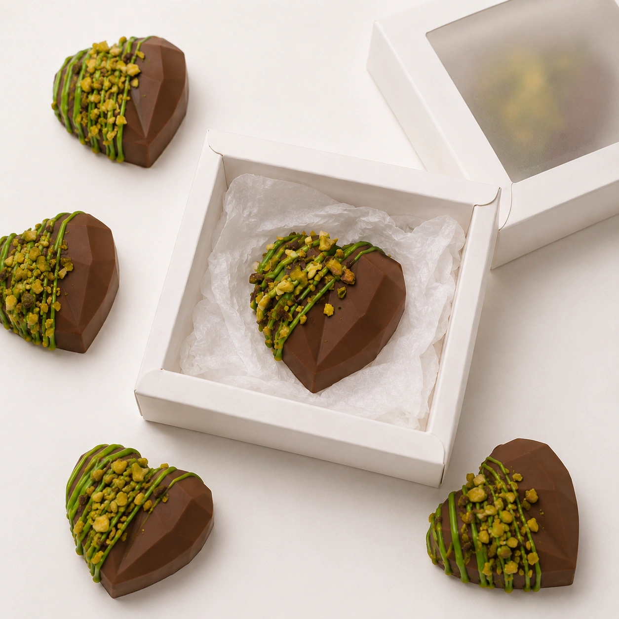 Dubai-Style Pistachio Kunafa Chocolate Heart - Gift Box